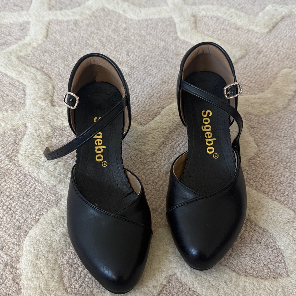 Sogebo Black Strappy Heels with rhinestone details.